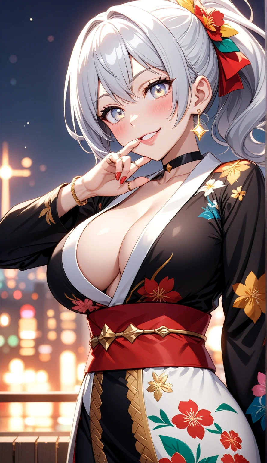 ((One personの女性)), Beautiful Face,((smirk)),((Wink:1.9)),((Finger touching lips)), Laugh with your mouth wide open,((Bright red cheeks:1.4)),Shiny red lips,night,rooftop,Festive decorations,You can see the ocean, firework,Laughing with your mouth open,Glossy pink lips,Facial lighting,((Anime style background)),masterpiece, Highest quality, so beautiful,up to date, Complex details, (Pink long nails),(ring),(bracelet),(choker),AI-generated, Complex,High resolution, Highest quality, super high quality,3D Images、3D Images,One person,Long white hair,High Ponytail,(Pale eyes),Anime woman posing for a photo, ((fine grain、Silvery white colorful eyes、Shining Eyes:1.4)),(Squint your eyes:1.1),a hyperRealistic , hyperRealistic , Realistic,Anime woman with long white hair, Smooth anime CG art, A woman in a colorful kimono with gold embroidery, (Black long sleeve kimono),Red floral pattern,Long flower hair ornament,big floral earrings,Mature Body,(Big Breasts:1.1),expensive,Abdominal muscles,Tight waist,(Zoom up to face:1.7),Shooting from diagonally below