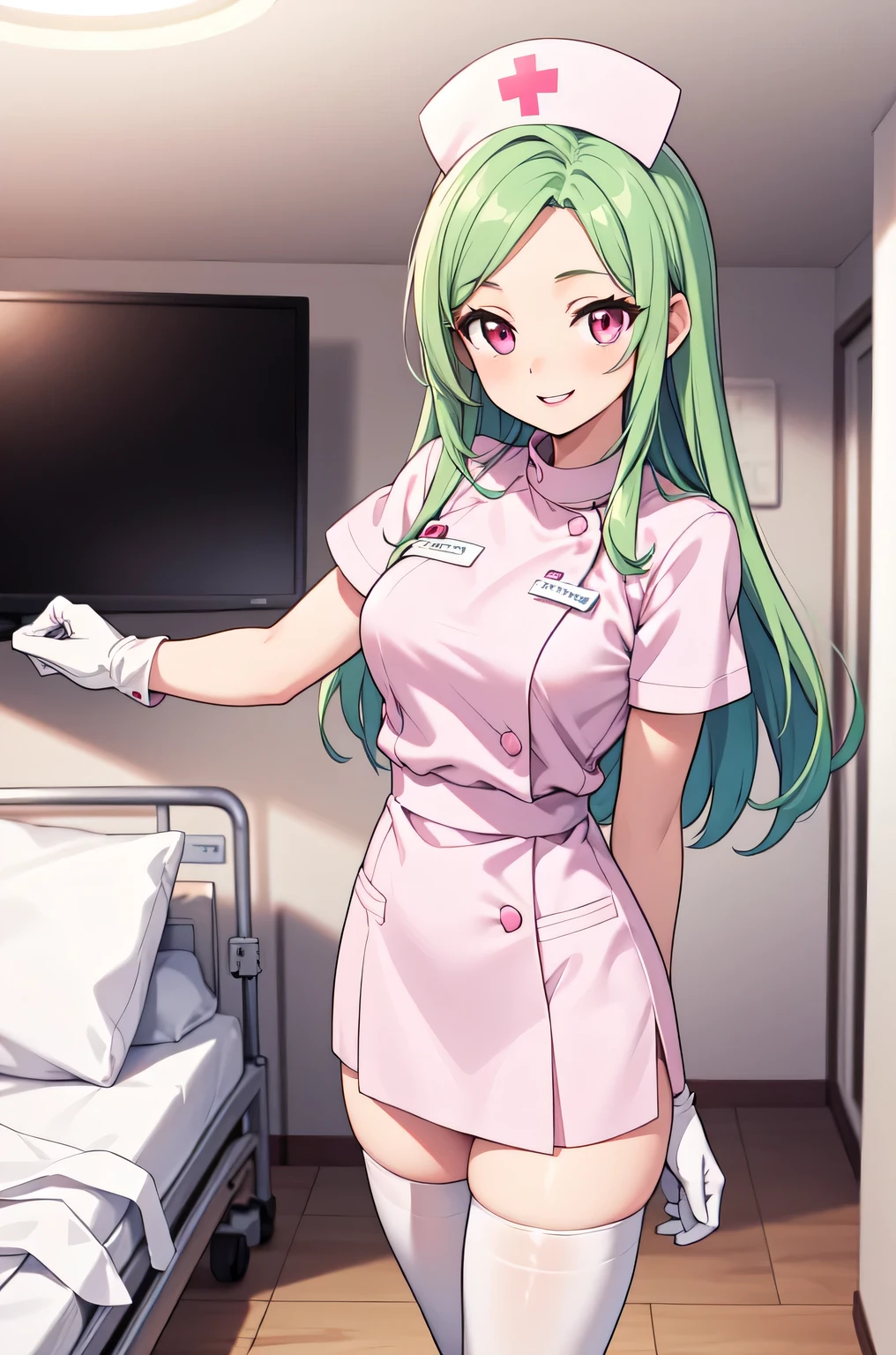 1woman, solo, nurse, white nurse cap, white nurse uniform, ((white legwear, zettai ryouiki)), white gloves, forehead, long hair, green hair, pink eyes, pink lips, smile, standing, ((hospital room)), sharp outline, short sleeves, mature female, 35 years old, best quality, masterpiece