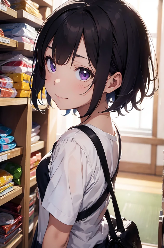 4K, (work of art), highest quallity, 2d, ((rebeld girl)), (teenage anime girl), holding a cake, selfie, short hair with long bangs, heterochromatic eyes, ssmile, full height, clean eyes, black eyelash, (intrincado detalhado), dramatic, makoto shinkai, purple eyes, in your room, aniversary
