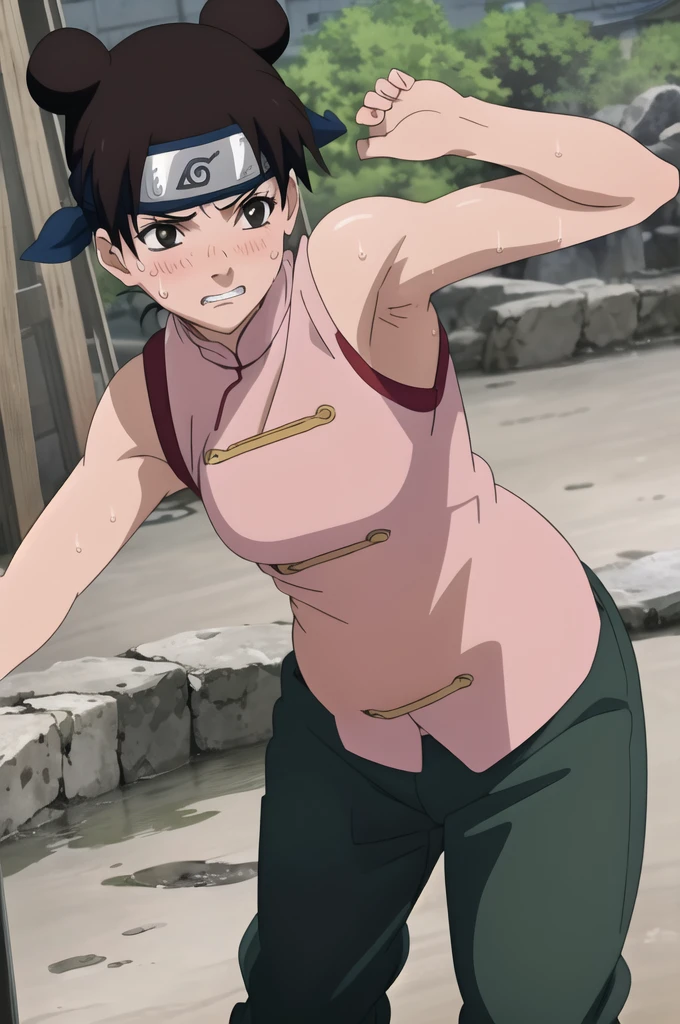 (masterpiece, 4K, Highest quality, anime style: 1.9, Detailed face, Lovely, Bold, High resolution, anime,  Curvaceous, Thighs,, (blush).Very slim belly, Cowboy Shot, (((One girl))),NARUTOanime風, Tenten,(((Sweaty))),(((armpits))),Pink Chinese dress,Dark green trousers,(((Show your armpits to your audience))),Raise one hand,(Accurate limbs)