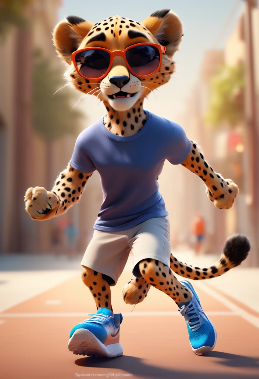 disney style, line art, anthropomorphic cheetah, wearing shorts, sport shoes, t-shirt, sunglasses, ready to run, (best quality,4k,8k,highres,masterpiece:1.2),ultra-detailed,(realistic,photorealistic,photo-realistic:1.37),concept art,vibrant colors,dynamic lighting,highly detailed,cinematic composition,dramatic pose,sense of motion,clean lines,expressive linework