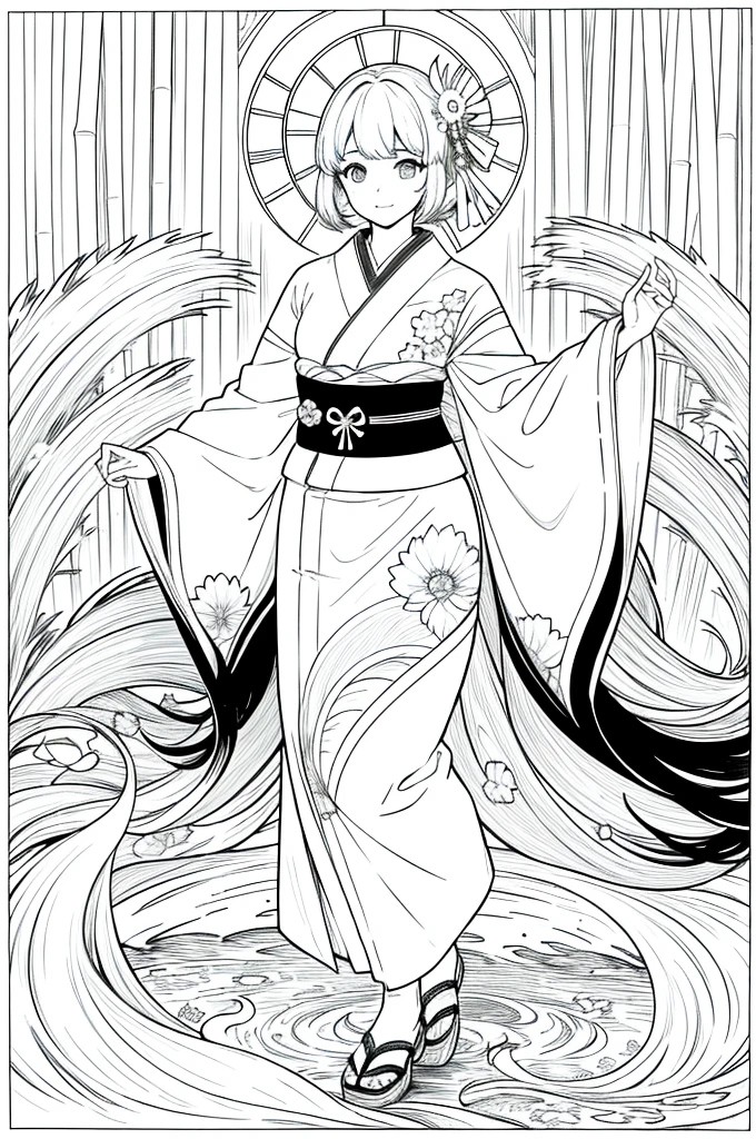 As a coloring book, the color should be black and white, the border should be simple, clear, and bold. [Girl with short brown hair] wearing a [kimono with koi fish pattern] strolling through the [Arashiyama Bamboo Forest] in Kyoto, Japan, with [kanzashi hair ornaments]
