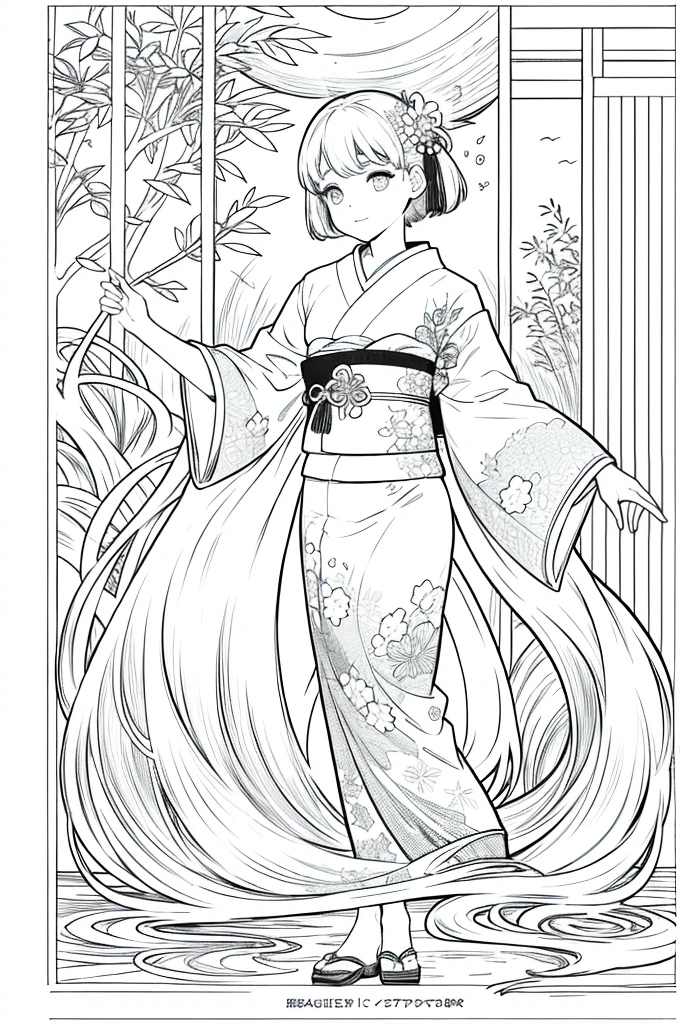 As a coloring book, the color should be black and white, the border should be simple, clear, and bold. [Girl with short brown hair] wearing a [kimono with koi fish pattern] strolling through the [Arashiyama Bamboo Forest] in Kyoto, Japan, with [kanzashi hair ornaments]