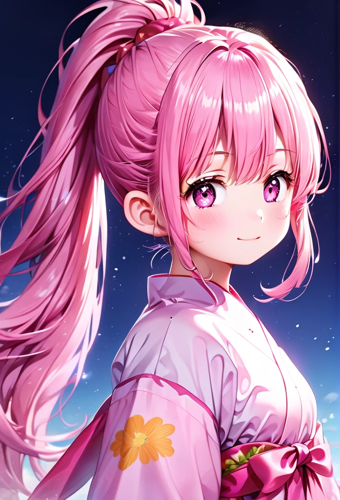 (((masterpiece)))(((Highest quality)))(((8K)))(((4K)))One Little Girl、 years old、Straight Hair、voluminous ponytail(Pink Hair)Pink high ponytail、Ribbon on head、Crossed bangs、Light purple eyes、Squint your eyes、((Smile with your mouth closed))、(((Cute Mini Dresses)))、Small breasts, from behind、turn around、Upper Body、Anime Style