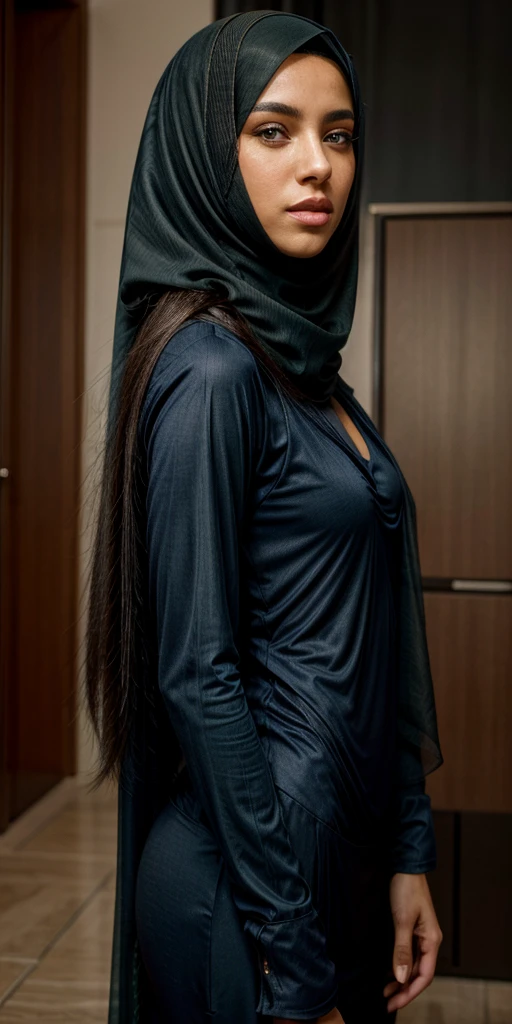 Aaliyah Alat, brunette, long straight hair, dark blue hijab, dark blue muslim clothes, tight clothes, fit body, expressive green eyes, neckline, close, above camera