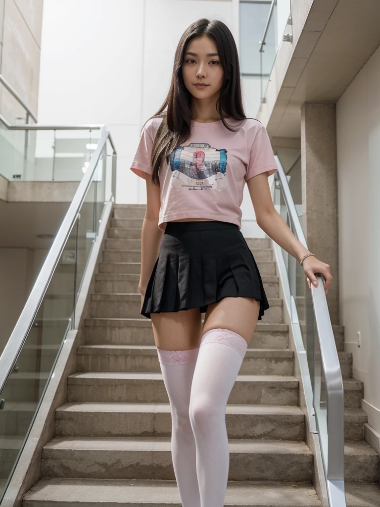 8k, RAW photo, best quality, ultra high resolution, (photorealistic), realistic photo of skinny japanese girl, (skinny japanese girl, 20 years old, most beautiful japanese girl in the world, slim face, black hair, straight hair), walking down the stairs in the shopping mall, shopping mall, modern interior, bright light, (full body picture), photo from below, walking down the stairs, wearing (pink t-shirt, pleated skirt, thighhighs, white ), white pantiessible from under the skirt, shy smile, submissive, (extremely detailed CG unity 8k wallpaper), Sharp focus, (bright light)
