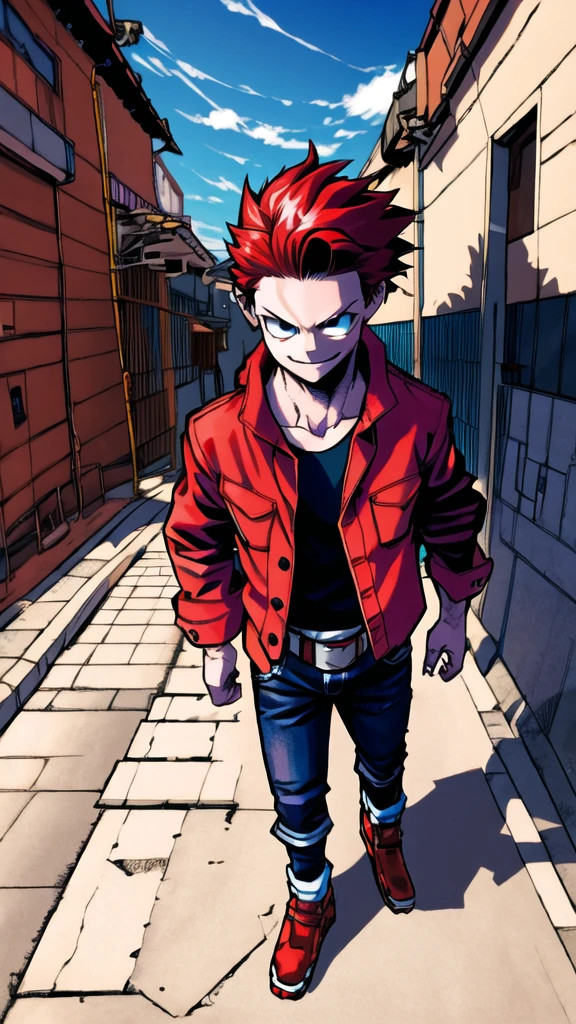 Bad boy, low angle, purple pompadour, red jacket and jeans, looking at camera, smiling, Tokyo city,Pocket Hand、solo