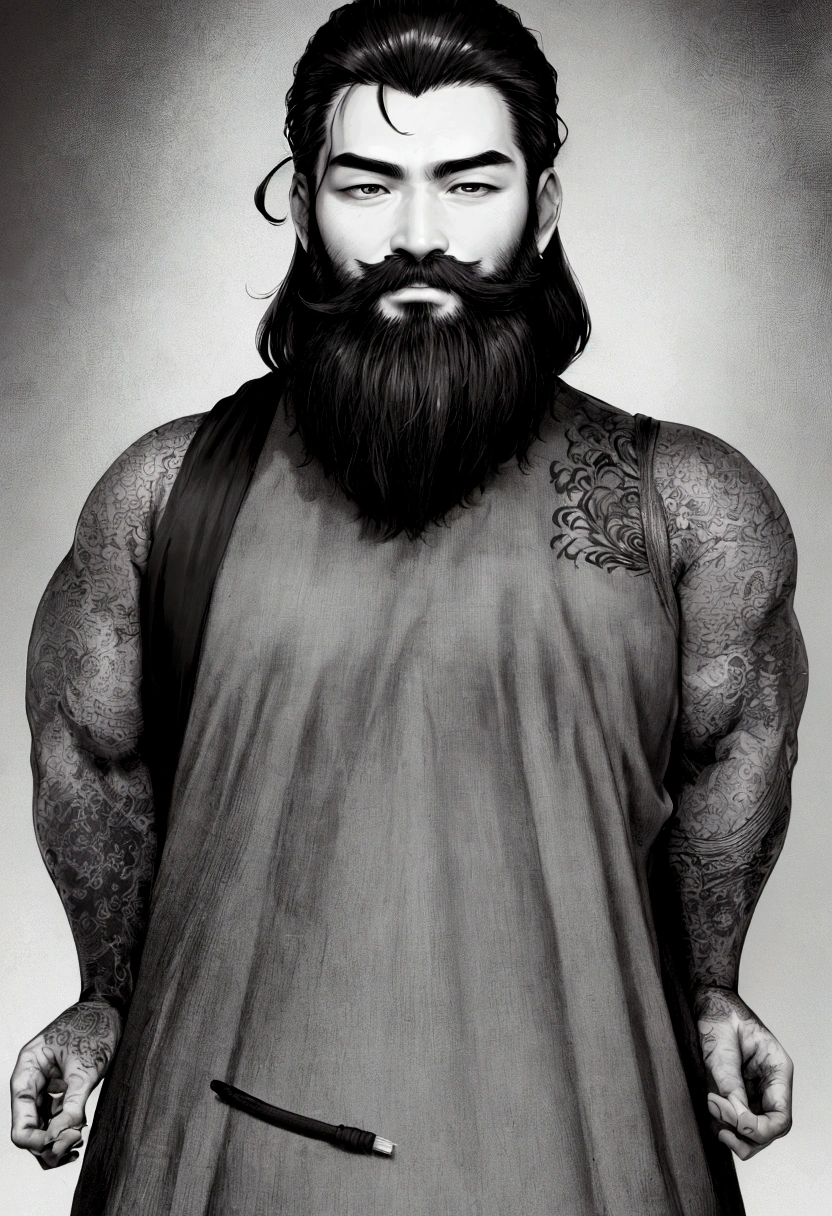 Image of a Thai man&#39;s face with a long, messy beard, narrow eyes, black ink color.
