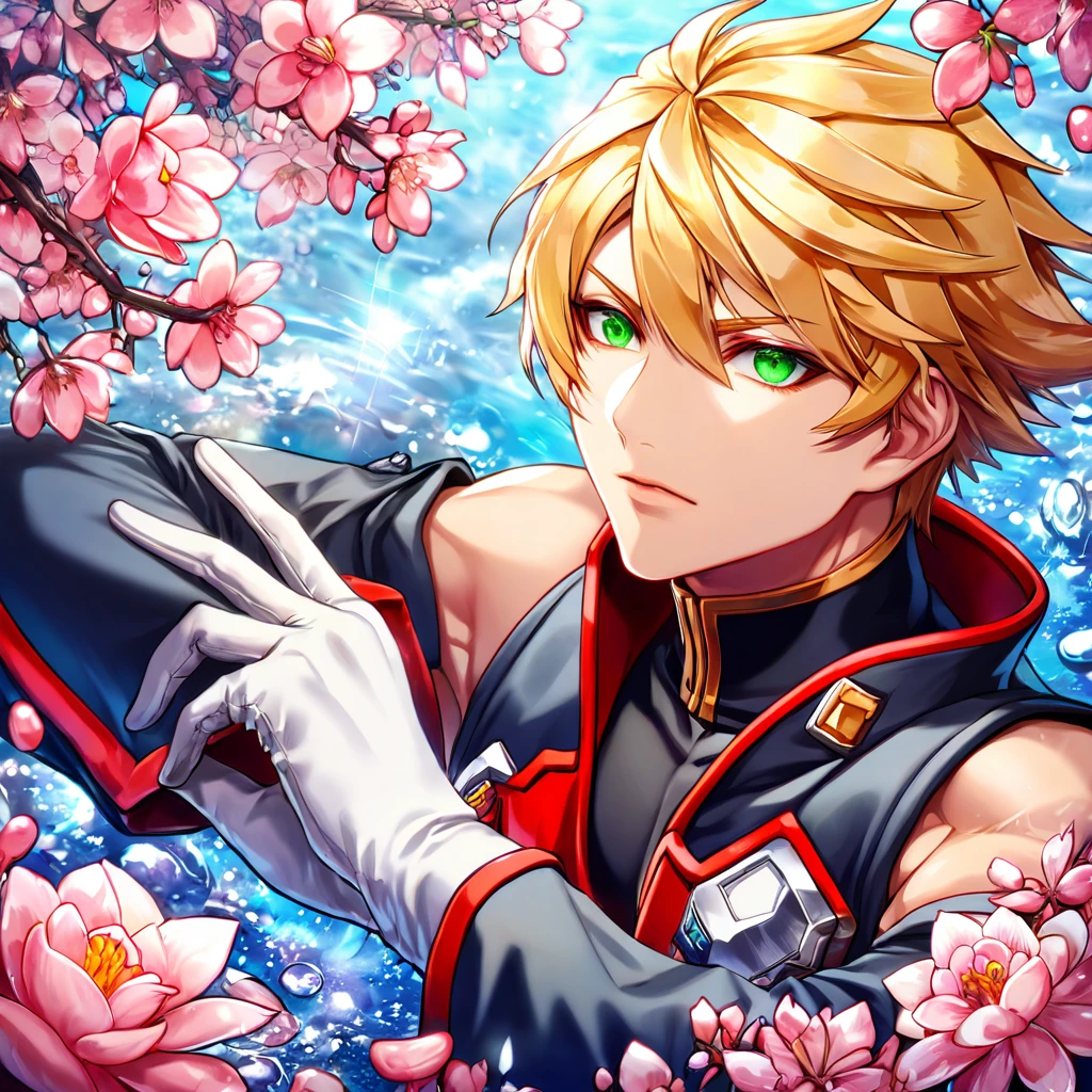 (absurdres, highres, ultra detailed, HDR) master piece, best quality, delicated features, Kisaragi Jin, short hair, stylish blond hair, expressive green eyes, Blazblue, he wears the Control Organization major uniform with a black turtleneck shirt under a white Japanese-style tunic, white gloves, jolting sapphire colored jacket with a red lining, detached sleeves, solo, sexy man, handsome, water, blossoms, pink butterflies, pink flowers