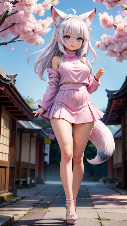 Best quality, hyper-high detail, very high res, Extremely detailed CG, Realism，absurd res，fox ear，Huge colorful fox tail， D cup  8K,Colorful, A 20-year-old nine-tailed fox girl,japanaese girl，Light turtleneck shirt，Detailed clothing patterns，tiese，(full body:1.3),Solo,chubby  body shape,(long leges:1.3)， Faraway view，high-heels，(Blue eyes), (white  hair to shoulders), Extremely long white diamond hair floating, blueribbon, Beautiful eyes,(Pink clothes:1.3),Wet clothes, Short pink skirt, detailed and beatiful face and eyes, ((Shiny skin)),white wavy hair, (detailed and beautiful shiny clothes, Temple，holy rays，japan temple，the cherry trees，Cherry blossoms flying，(dynamicposes:1.3)，low perspective，