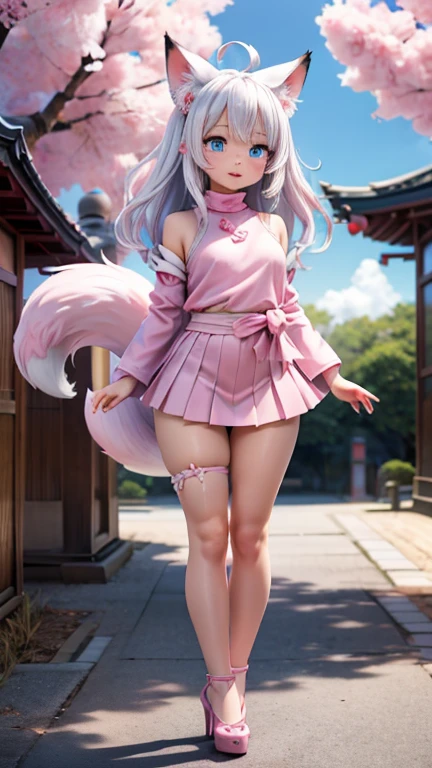 Best quality, hyper-high detail, very high res, Extremely detailed CG, Realism，absurd res，fox ear，Huge colorful fox tail， D cup breasts 8K,Colorful, A 20-year-old nine-tailed fox girl,japanaese girl，Light turtleneck shirt，Detailed clothing patterns，tiese，(full body:1.3),Solo,chubby  body shape,(long leges:1.3)， Faraway view，high-heels，(Blue eyes), (white  hair to shoulders), Extremely long white diamond hair floating, blueribbon, Beautiful eyes,(Pink clothes:1.3),Wet clothes, Short pink skirt, detailed and beatiful face and eyes, ((Shiny skin)),white wavy hair, (detailed and beautiful shiny clothes, Temple，holy rays，japan temple，the cherry trees，Cherry blossoms flying，(dynamicposes:1.3)，low perspective，