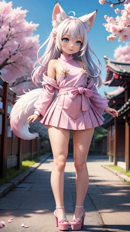 Best quality, hyper-high detail, very high res, Extremely detailed CG, Realism，absurd res，fox ear，Huge colorful fox tail， D cup breasts 8K,Colorful, A 20-year-old nine-tailed fox girl,japanaese girl，Light turtleneck shirt，Detailed clothing patterns，tiese，(full body:1.3),Solo,chubby  body shape,(long leges:1.3)， Faraway view，high-heels，(Blue eyes), (white  hair to shoulders), Extremely long white diamond hair floating, blueribbon, Beautiful eyes,(Pink clothes:1.3),Wet clothes, Short pink skirt, detailed and beatiful face and eyes, ((Shiny skin)),white wavy hair, (detailed and beautiful shiny clothes, Temple，holy rays，japan temple，the cherry trees，Cherry blossoms flying，(dynamicposes:1.3)，low perspective，