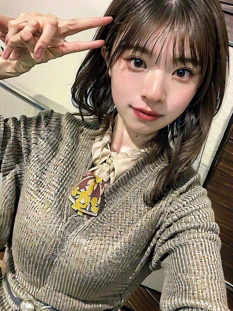 Highest quality, 8K, ,masterpiece :1.3)), In-person audience,((Whole body 1.2)) ,Beautiful woman, Wide Shot ,One girl, , Selfie , Black Hair, Brown Hair , bangs,Highly detailed face, Highly detailed lips, Fine grain, double eyelid