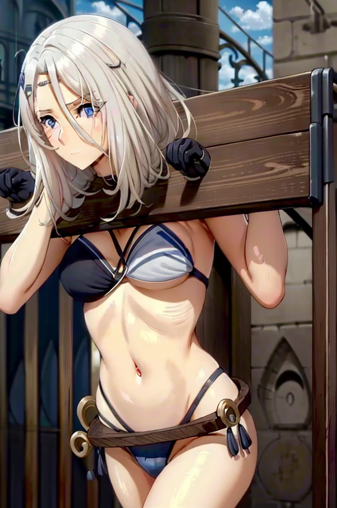 Pillory,Gray Hair,blue eyes,Swimwear