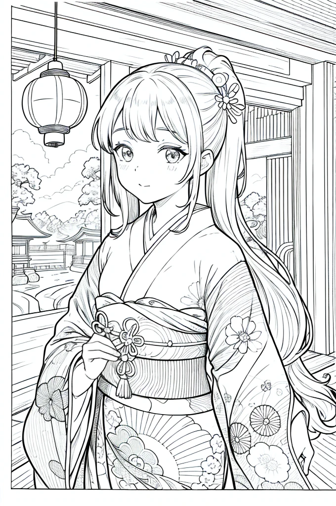 As a coloring book, the color should be black and white, the border should be simple, clear, and bold. [Girl with pigtails] wearing a [kimono with waves pattern] holding a [paper lantern] at the [Gion Matsuri festival] in Kyoto, Japan, with [sakura hair clips]