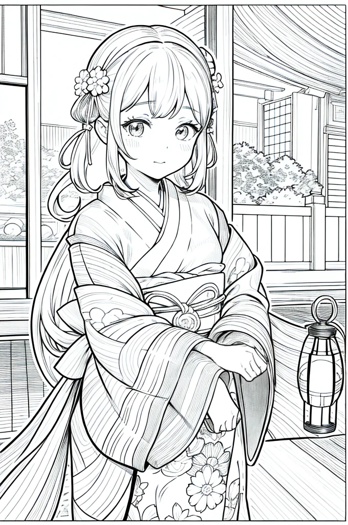 As a coloring book, the color should be black and white, the border should be simple, clear, and bold. [Girl with pigtails] wearing a [kimono with waves pattern] holding a [paper lantern] at the [Gion Matsuri festival] in Kyoto, Japan, with [sakura hair clips]