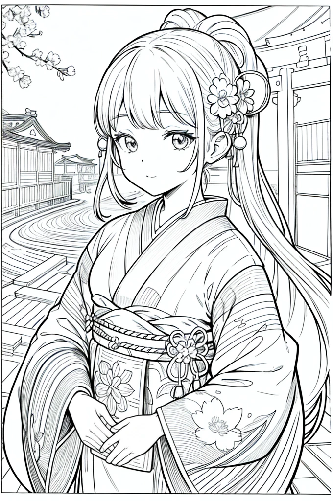 As a coloring book, the color should be black and white, the border should be simple, clear, and bold. [Girl with pigtails] wearing a [kimono with waves pattern] holding a [paper lantern] at the [Gion Matsuri festival] in Kyoto, Japan, with [sakura hair clips]