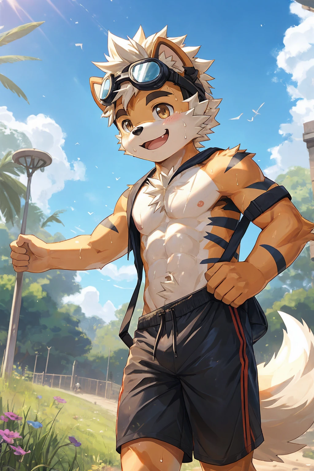 (Maximum fineness,Dynamic HDR,8K) ,shota,outdoor,Happy,cute,teenager,Growlithe Pokemon,(lower camera angle, dramatic pose, looking down at viewer), (masterpiece,high quality), solo,furry,mature male,male focus, (by waspsalad:1.1), by photonoko, by sallyhot, by skygracer:0.4, solo, (anthro,mature male boy Growlithe Pokemon,(chibi:0.3), ((beige fur)), amber eyes), tropical island, cuberpunk mythology, (red collar with pup tag), (red goggles on head), (wearing red speedo, crotch bulge), male pubic hair