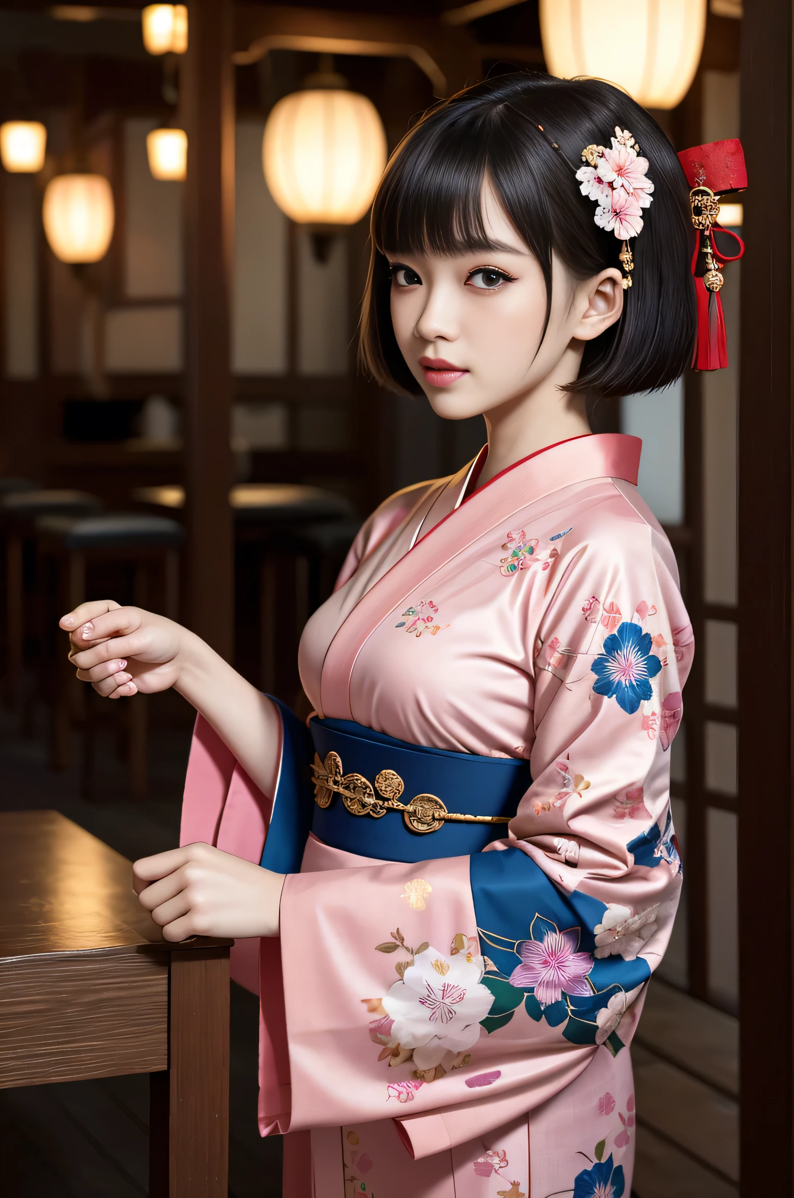Highest quality, masterpiece, High resolution, One girl, Beautiful and perfect face, Bobcut, Japanese Clothing,kimono, Intricate details, Cinematic atmosphere, 8K, Very detailed