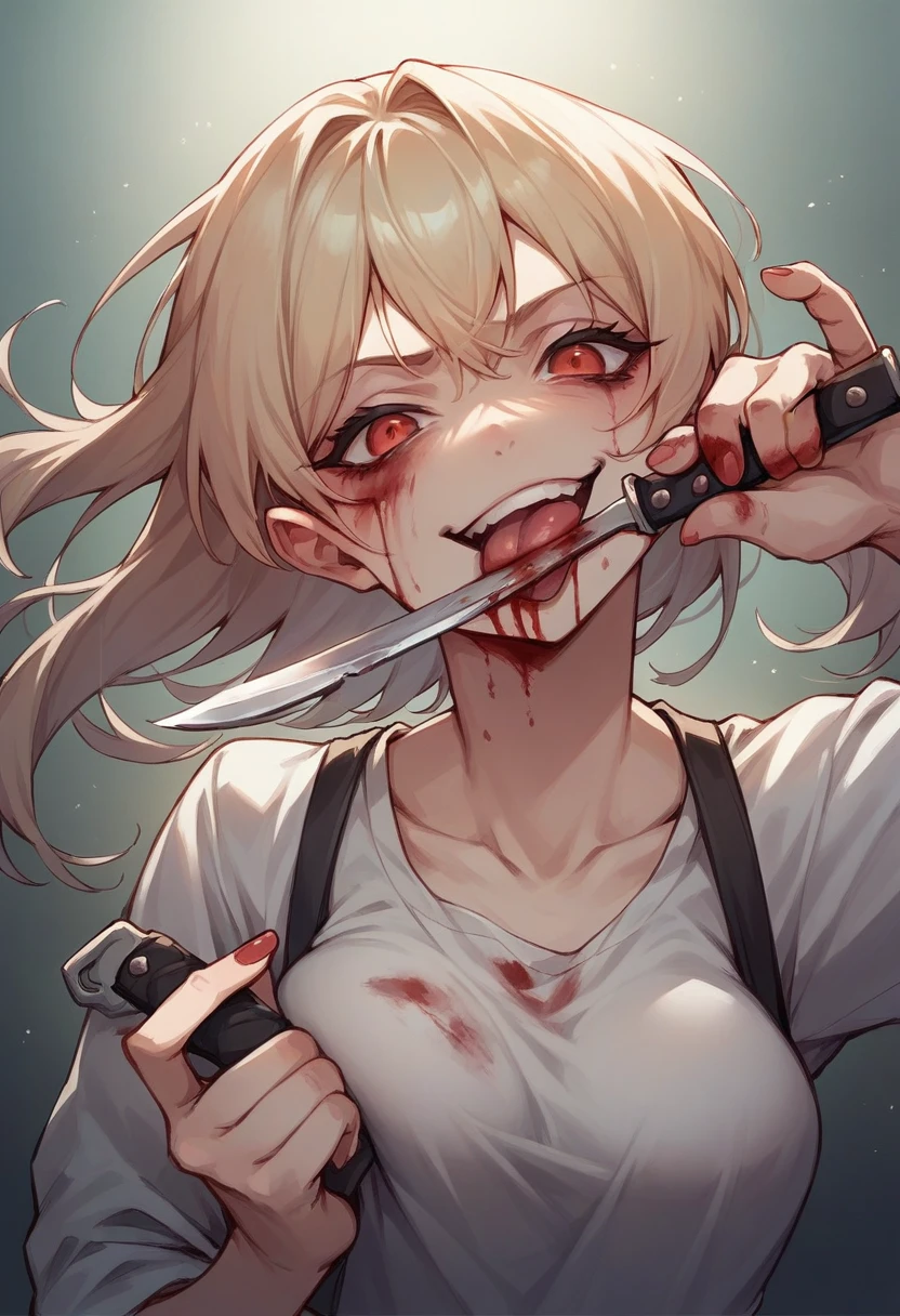 Bloody anime girls in sadistic position with cruel smile licking a knife 