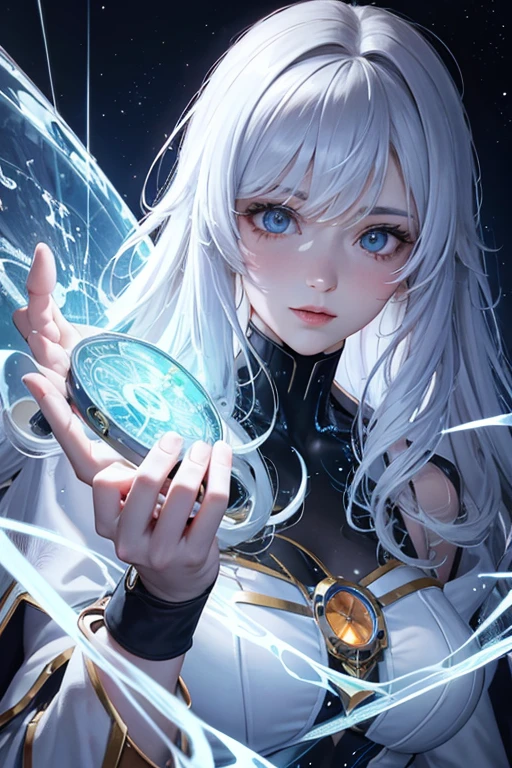 (8K), Ultra-resolução 8K, Stunning illustration of a splendid celestial, Galactic fragmentation, Ethereal Hero, Warrior Prince, (Cyberpunk transparent mask: 1.3), Cosmic glasses (Time machine in your hand: 1.7), Fluid luminous white robe , celestial explorer emerging from a portal, (ultra-detailed masterpiece: 1.7) cinematic lighting