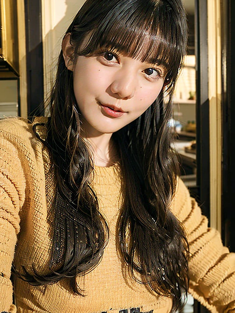 Highest quality, 8K, ,masterpiece :1.3)), In-person audience,((Whole body 1.2)) ,Beautiful woman, Wide Shot ,One girl, , Selfie , Black Hair, Brown Hair , bangs,Highly detailed face, Highly detailed lips, Fine grain, double eyelid