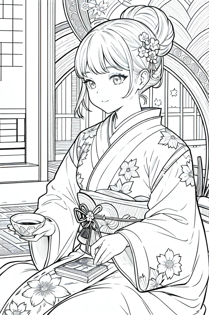 As a coloring book, the color should be black and white, the border should be simple, clear, and bold. [Girl with a bun] wearing a [kimono with maple leaf pattern] enjoying a cup of [matcha tea] in a [traditional Japanese teahouse], with [hair accessories made of origami cranes]