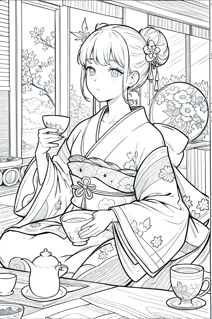 As a coloring book, the color should be black and white, the border should be simple, clear, and bold. [Girl with a bun] wearing a [kimono with maple leaf pattern] enjoying a cup of [matcha tea] in a [traditional Japanese teahouse], with [hair accessories made of origami cranes]
