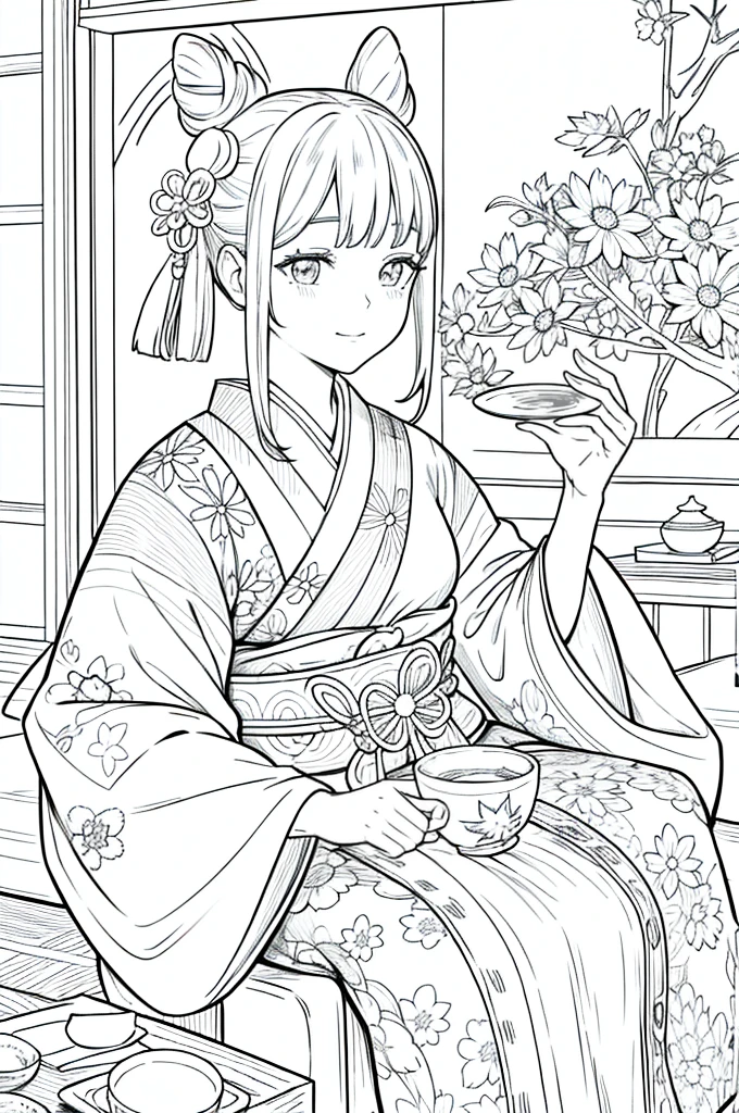 As a coloring book, the color should be black and white, the border should be simple, clear, and bold. [Girl with a bun] wearing a [kimono with maple leaf pattern] enjoying a cup of [matcha tea] in a [traditional Japanese teahouse], with [hair accessories made of origami cranes]