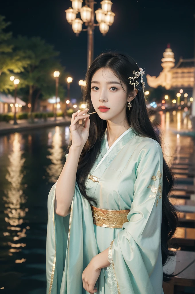 "(((best quality))),(((ultra detailed))),(((masterpiece))),illustration,1girl,summer night,beautiful girl,Korean traditional clothing,elegant,lace trim,long hair,graceful,slim figure,clear complexion,watery eyes,sweet smile,noble aura,serene,ancient painting,city street,neon lights,high-rise buildings,shiny fabric,romantic,moonlight,tree shadows,fountain,spray,Jewelled,refined,lively,charming"