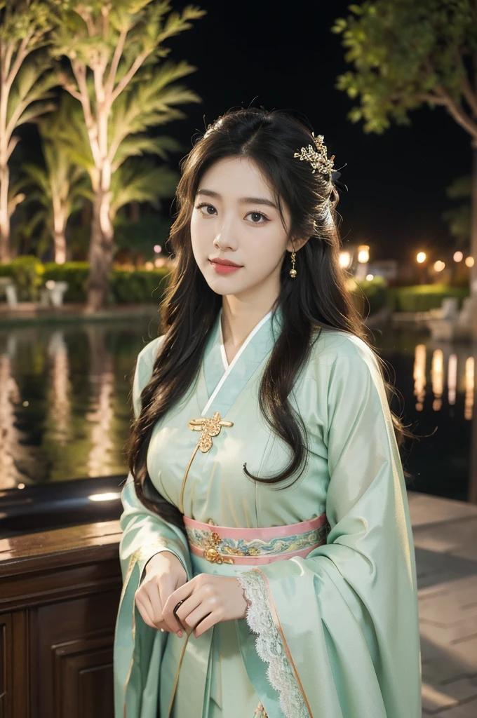 "(((best quality))),(((ultra detailed))),(((masterpiece))),illustration,1girl,summer night,beautiful girl,Korean traditional clothing,elegant,lace trim,long hair,graceful,slim figure,clear complexion,watery eyes,sweet smile,noble aura,serene,ancient painting,city street,neon lights,high-rise buildings,shiny fabric,romantic,moonlight,tree shadows,fountain,spray,Jewelled,refined,lively,charming"
