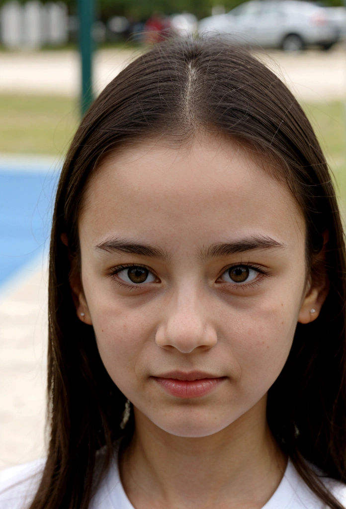 Best quality, masterpiece, super high resolution, (realistic: 1.4), original photo, head photo, skin, simple background, black eyes, detail, selfie, 1 girl, , on the playground side, looking at the audience,