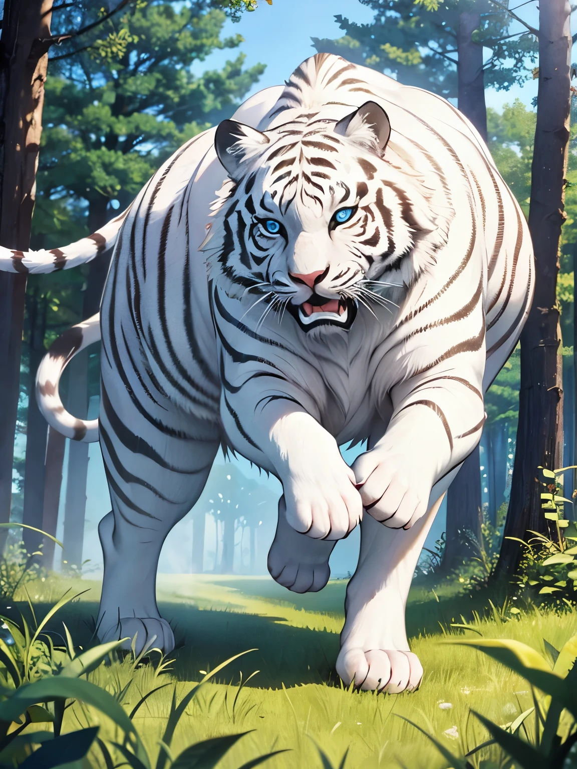 Big white tiger, running in the forest, blue eyes