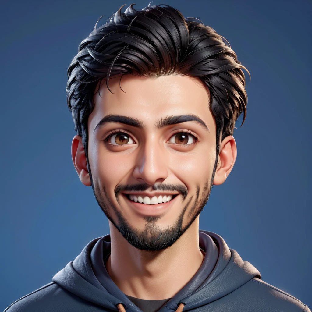 Create a full body portrait of cartoonish caricature 3D animation of a big-headed facing straight to the camera. a 25 years old Pakistani man. She has short black pixie cut hair. His face is oval with smooth lines, thick and neat black eyebrows, normal eyes, a small, sharp nose, and thin lips with a wide, friendly smile. He wore a dark hoodie with blue jeans. Gradient blue background. masterpiece, top quality, highly detailed skin and face, ultra-realistic, high definition, sharp focus, Concept Art.