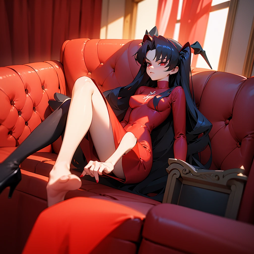 Anime girl in red dress sitting on sofa, Rin Tohsaka, , A succubus in a short, tight dress., Charming anime girl, breasts covered and NRF, anime cel shading, anime style 3d, Cell - Shaded Art Style, (NRF) safe for work, anime flirting magic handsome witch, NRF version, Cell-shaded adult animation