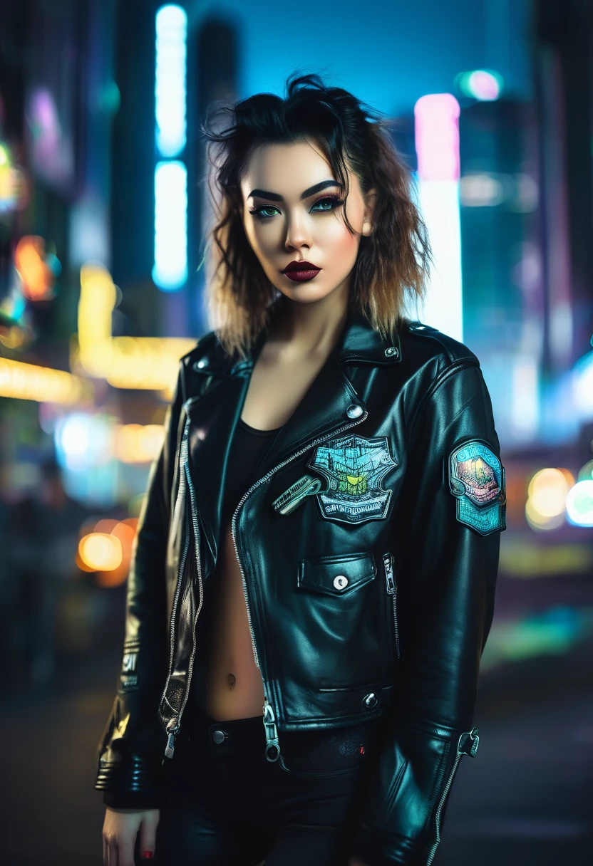 Portrait of emb-haiz, Pretty Face, Cyberpunk city by night. She was wearing a leather jacket,underwear, Black jeans, Dramatic Lighting, (badge:1.2).