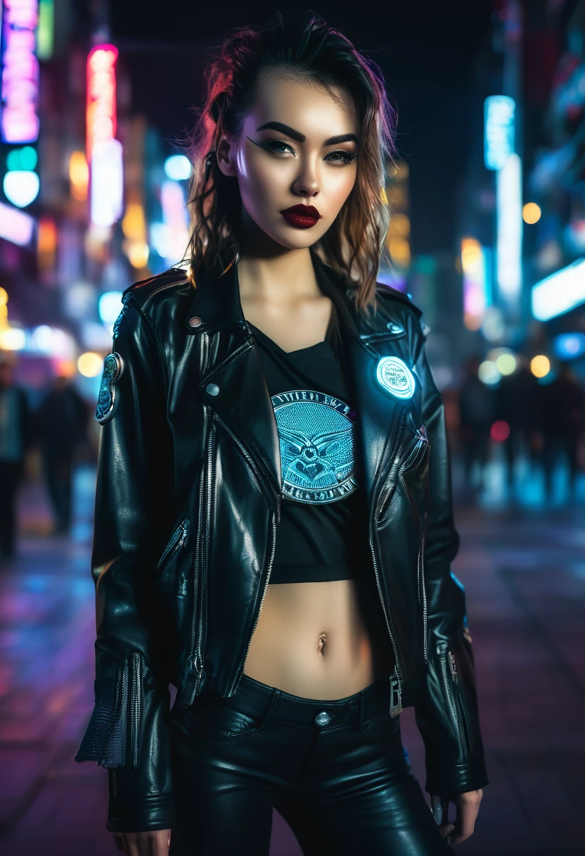 Portrait of emb-haiz, Pretty Face, Cyberpunk city by night. She was wearing a leather jacket,underwear,  Black jeans, Dramatic Lighting, (badge:1.2).