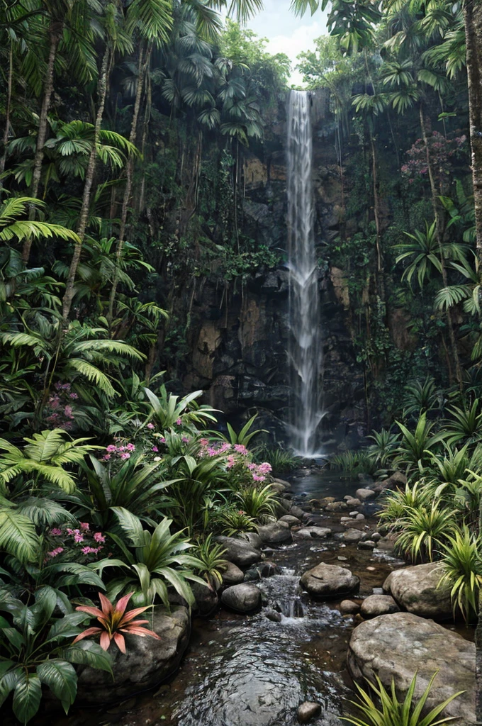unreal engine 5 render, jungle, river, flowers, extremely detailed, colorful