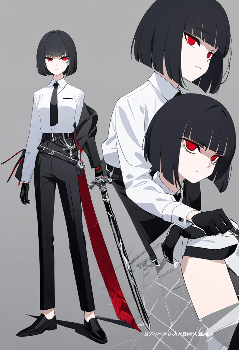 One woman,Dynamic,whole body,Are standing,mysterious,Concept Art,Character Design,Jet black straight hair,The bangs are trimmed to accentuate the eyes.,Well-proportioned face,Sharp Eyes,White shirt,Black tie,Black slacks,Silver cufflinks on the left hand,On the ring finger of her right hand she wears a simple silver ring.。Luxury watches,Black leather shoes,beltでウエストラインを強調,Stylish,Red eyes,belt,Stylish,Simple background gray,Details,Okabo Hair,Half-open eyes,Cool appearance,,Black gloves,Short Hair,Narrow eyes,Accentuated body lines,Has a sword on his waist,