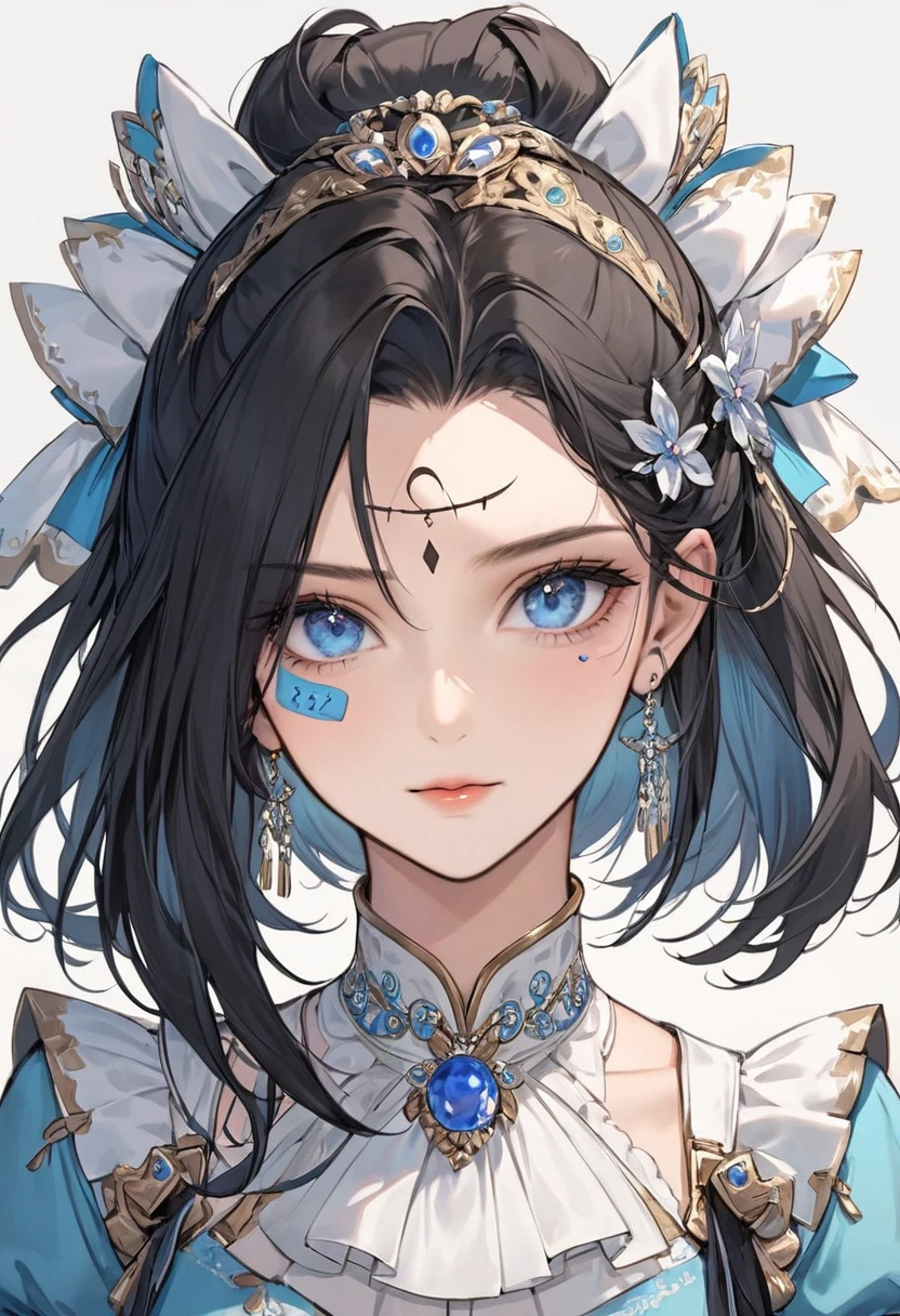 1 Bust of a Girl，Graceful features，Beautiful Blue Eyes，Black Hair,Face tagging,Forehead mark,hair accessory,jewelry,shoulder，Puff sleeves，race