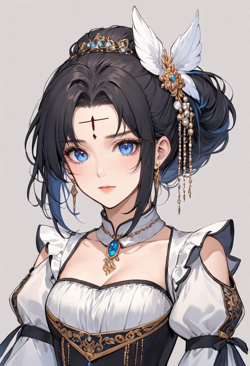 1 Bust of a Girl,Graceful features,Beautiful Blue Eyes,Black Hair,Face tagging,Forehead mark,hair accessory,jewelry,shoulder,Puff sleeves,race