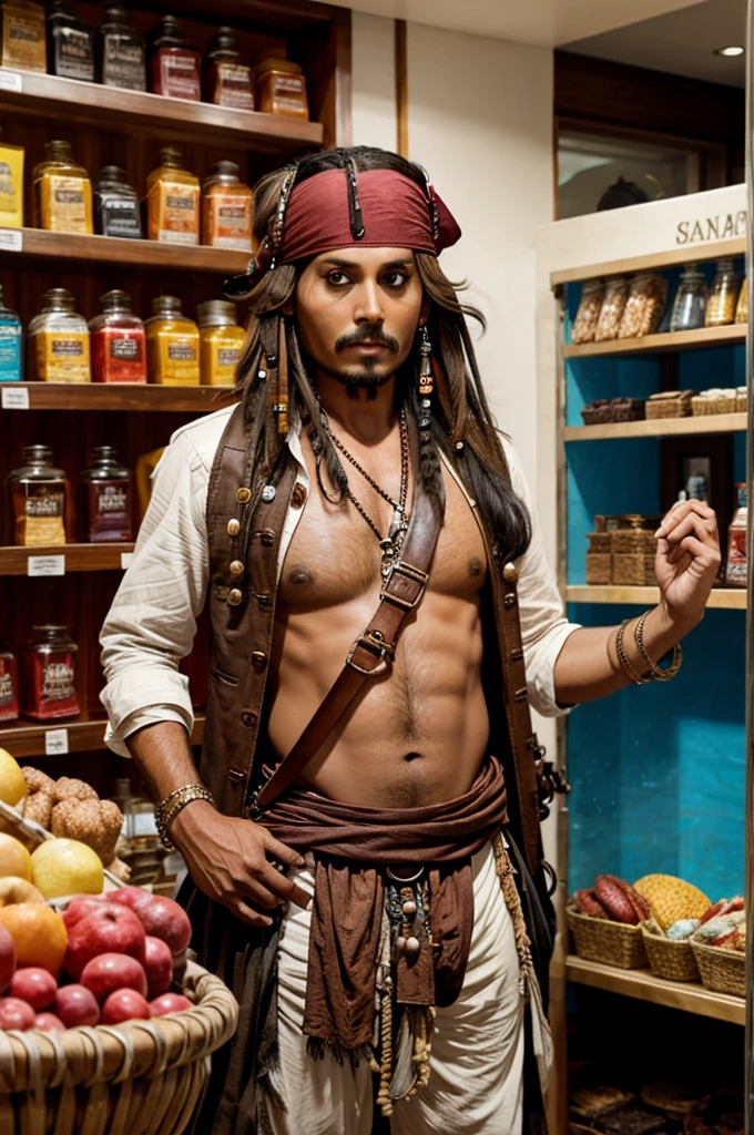 Indian Captain jack sparrow hijacking a shop in between the sea