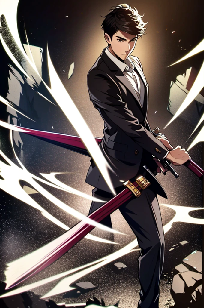 masterpiece, 20 years old man wearing a suit jacket, holding sword, highres,sharp focus,(ultra detailed,extremely detailed),