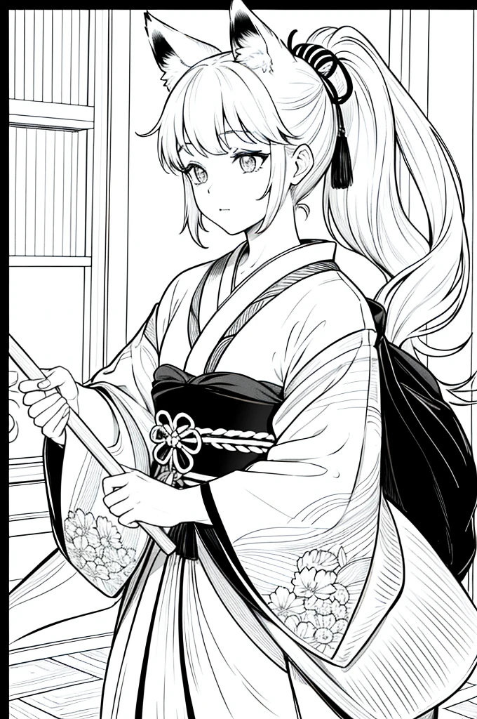 As a coloring book, the color should be black and white, the border should be simple, clear, and bold. [Girl with a ponytail] wearing a [kimono with fox pattern] practicing [kendo] in a [dojo], with [hair ties decorated with fox charms]