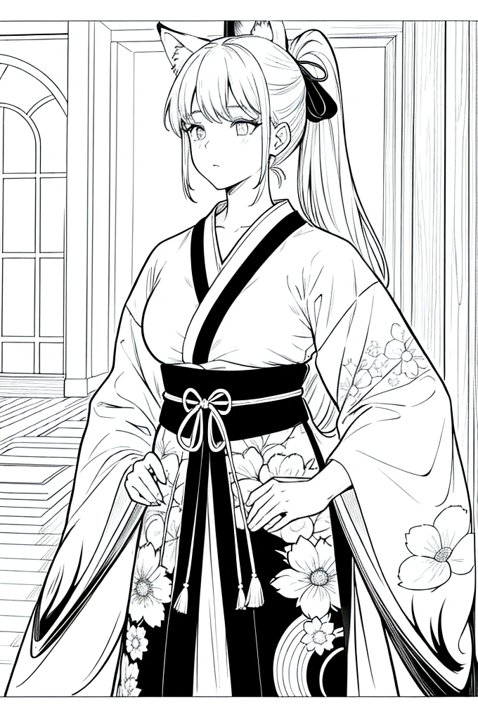 As a coloring book, the color should be black and white, the border should be simple, clear, and bold. [Girl with a ponytail] wearing a [kimono with fox pattern] practicing [kendo] in a [dojo], with [hair ties decorated with fox charms]