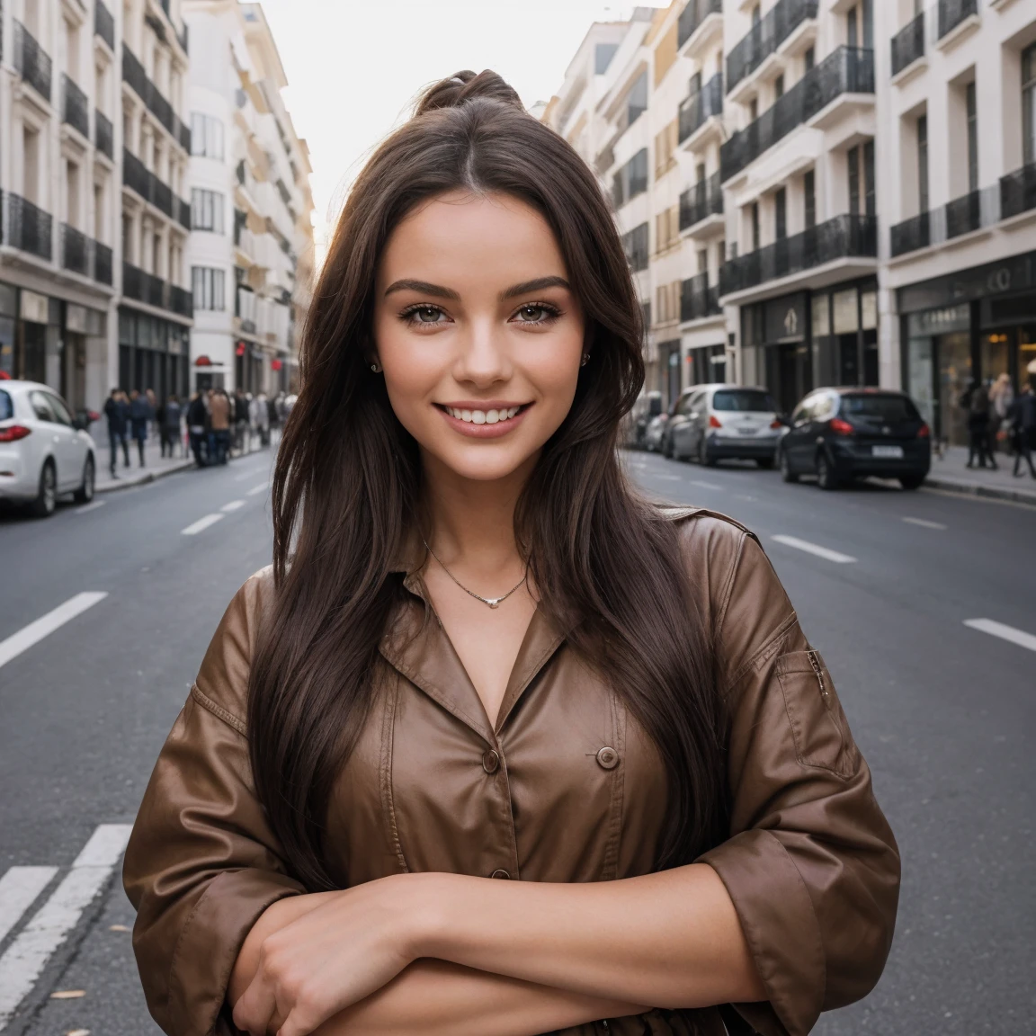 femme de 22 ans , elégante , dans la rue madrid , tenue avec de la couleurs , cheveux brune , yeux marron , french braid , se maquiller , sourire , 85 millimètres, chanoine, F/1.2, UHD, anatomiquement correct, chef-d'œuvre, Peau texturée, super détail, détails élevés, haute qualité, primé, meilleure qualité, haute résolution, 8k, Arrière-plan flou, Light at the beginning oF the day, (Marilyn Monroe:0.8)