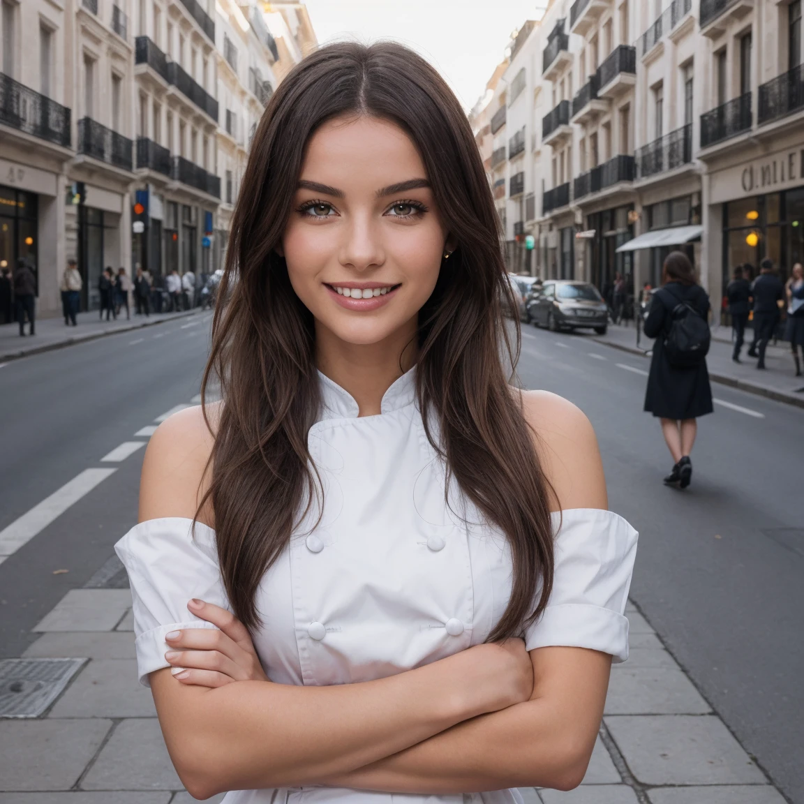 femme de 22 ans , elégante , dans la rue madrid , tenue avec de la couleurs , cheveux brune , yeux marron , french braid , se maquiller , sourire , 85 millimètres, chanoine, F/1.2, UHD, anatomiquement correct, chef-d'œuvre, Peau texturée, super détail, détails élevés, haute qualité, primé, meilleure qualité, haute résolution, 8k, Arrière-plan flou, Light at the beginning oF the day, (Marilyn Monroe:0.8)