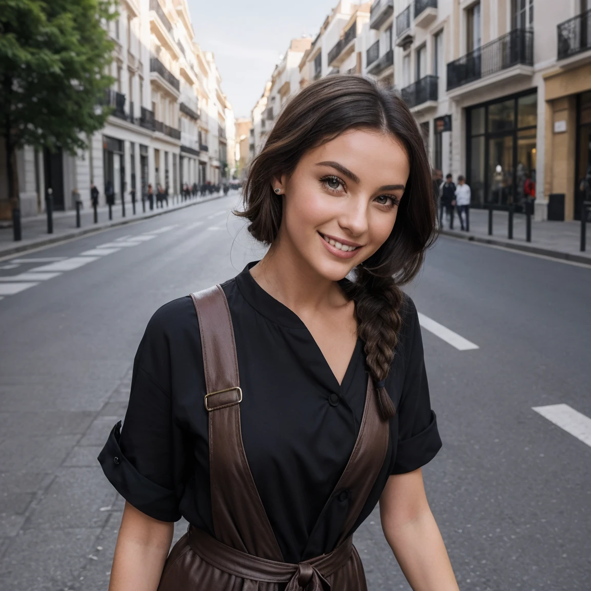 femme de 22 ans , elégante , dans la rue madrid , tenue avec de la couleurs , cheveux brune , yeux marron , french braid , se maquiller , sourire , 85 millimètres, chanoine, F/1.2, UHD, anatomiquement correct, chef-d&#39;œuvre, Peau texturée, super détail, détails élevés, haute qualité, primé, meilleure qualité, haute résolution, 8k, Arrière-plan flou, Light at the beginning oF the day, (Marilyn Monroe:0.8)
