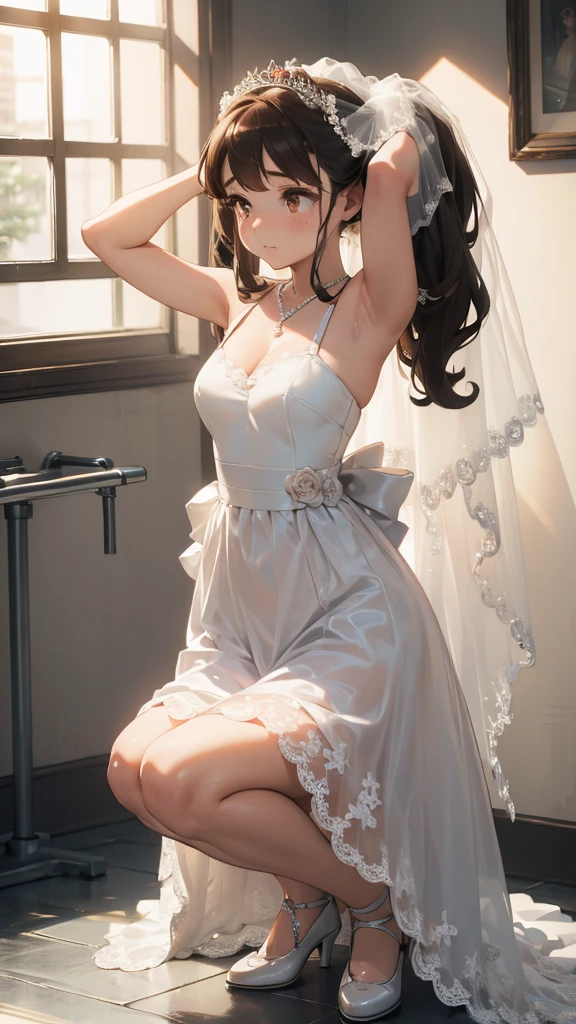 (nsfw), (perfect anatomy, balanced proportions, extremely cute illustration:1.1), public restroom, brown hair, brown eyes, long hair, twintails, hair ornament, (arms behind head, armpits), (embarrassed, crying hard), (squatting, spread legs), (wedding dress:1.5), baby face, cute round face feminine body, well-proportioned, healthy figure, smooth skin, slender arms, soft curves, high-quality details, facing forward, eyes looking straight ahead,