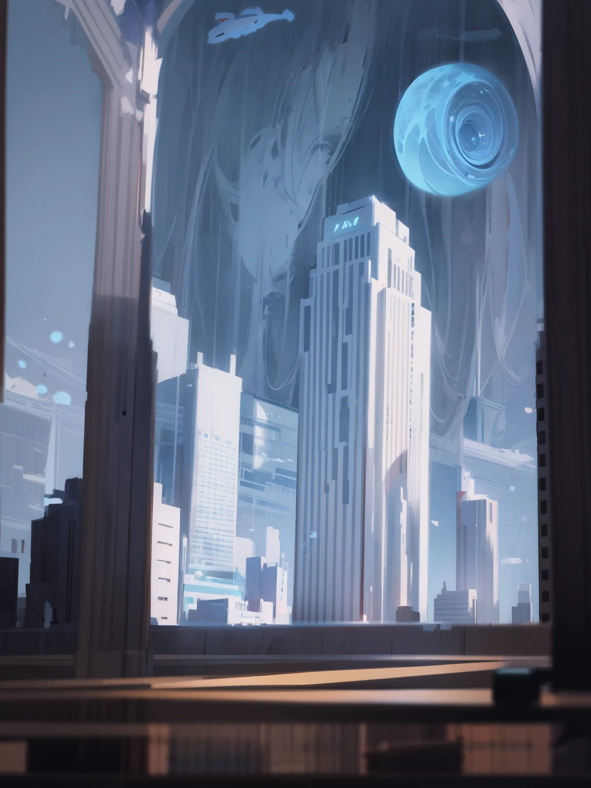 inside a luxury office building, tall columns, vaulted ceilings, spacious hall, interior of the future, space academy interior, behind the high arched windows there is a city with skyscrapers, spaceships fly across the sky, frame from the floor, illustration, white-gray shades, (((people are missing))), illustration для фона, even lighter